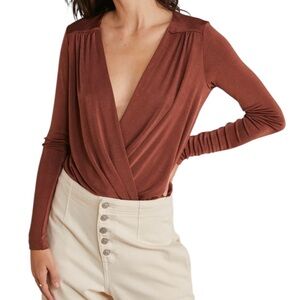 Free People Brown Long Sleeve Plunging V-Neck Wrap Turnt Bodysuit Woman's Size L